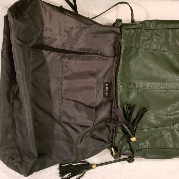 BUENO Green Slouchy Tote Bag Sz Large Vegan Leather Tassels Zippers *NOTE issues - Picture 8 of 16